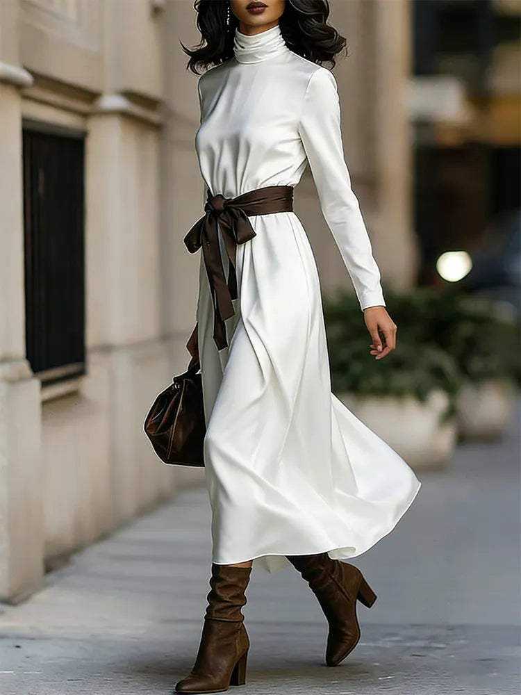 Classy Color Blocked Belted Turtleneck Flowy Maxi Dress