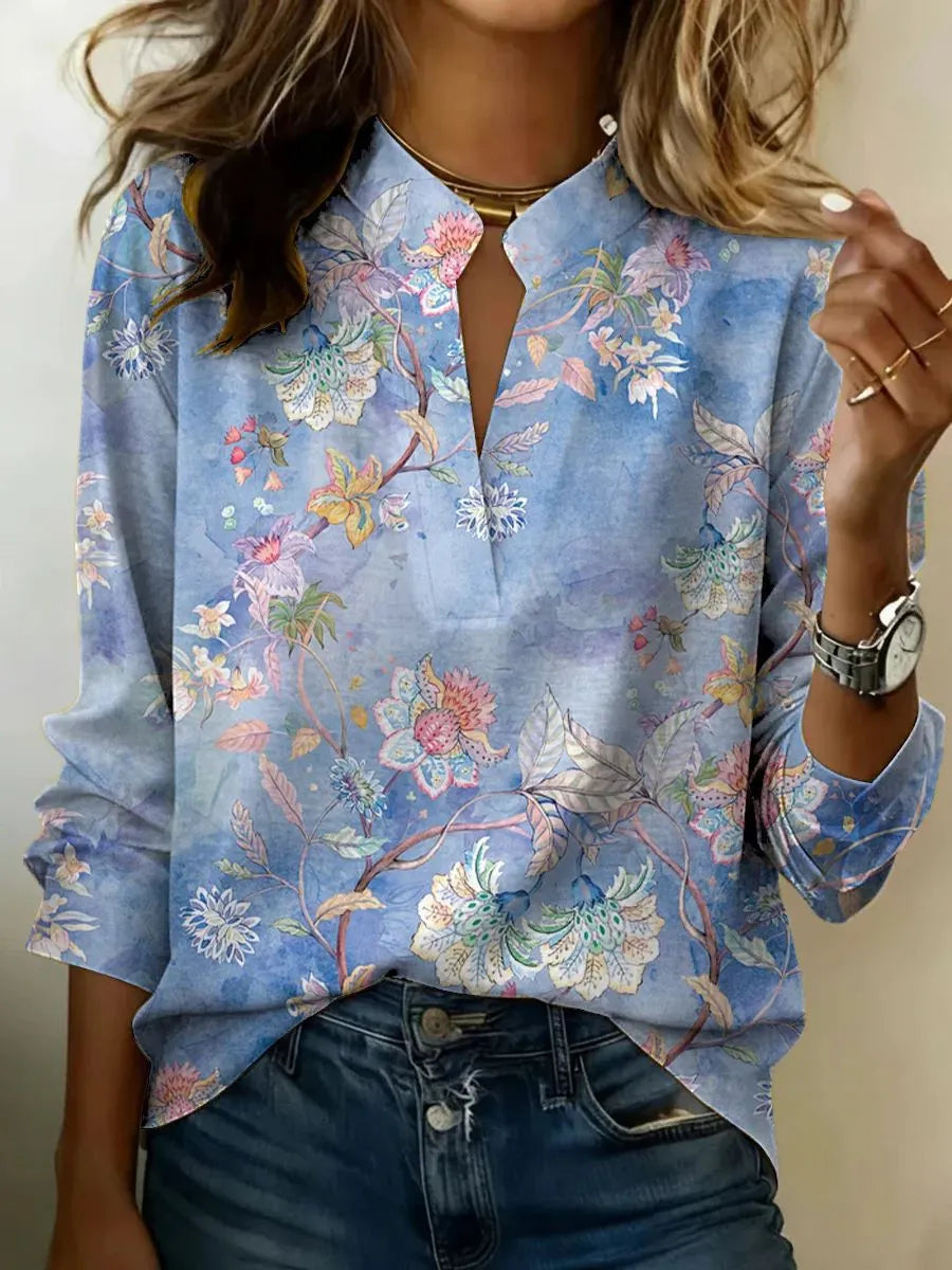 Women's Long-Sleeve V-Neck Top with Vintage Floral Print