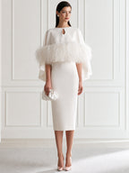 Elegant White Feather Trim Cape Sleeve Bodycon Midi Dress