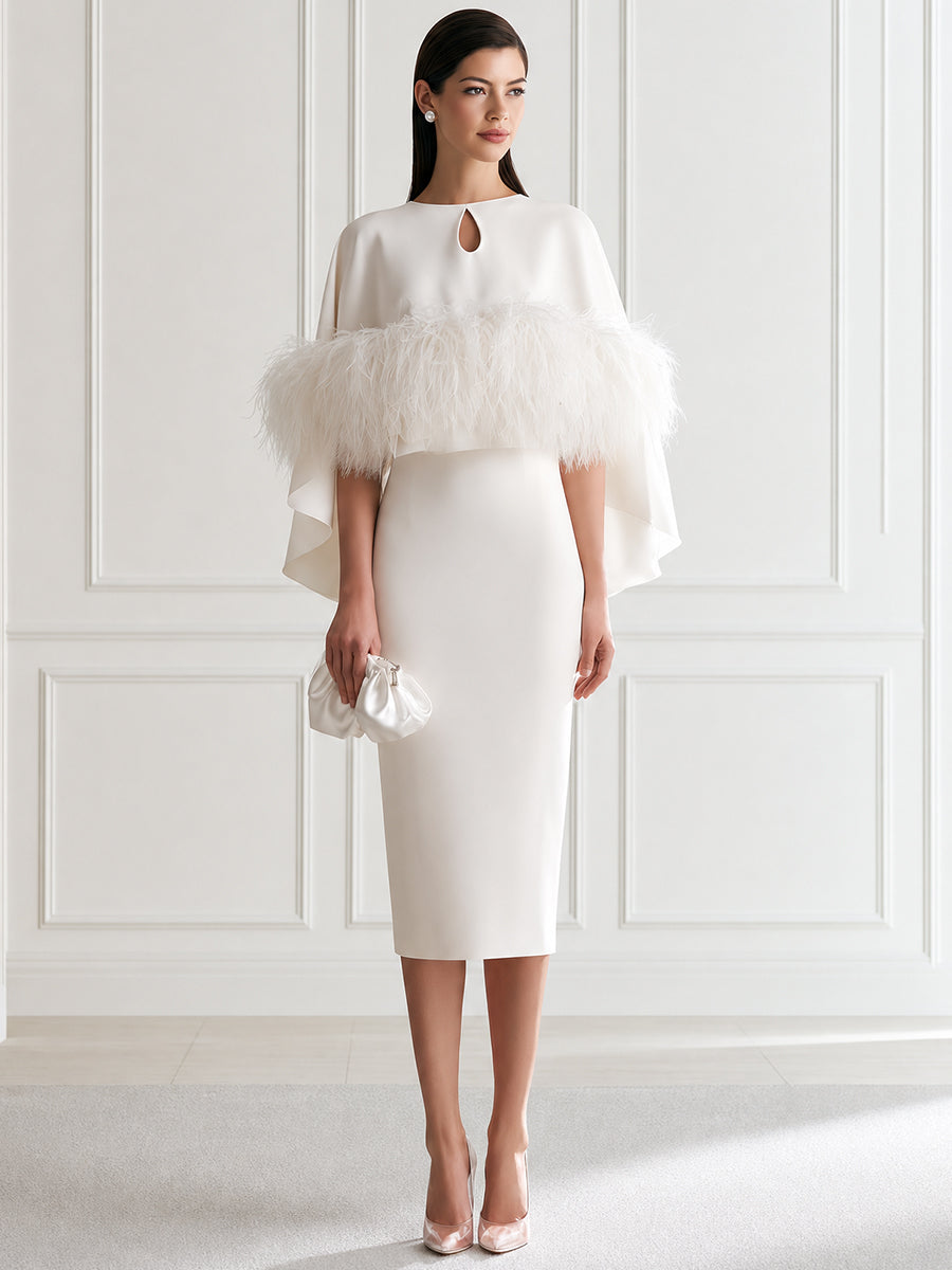 Elegant White Feather Trim Cape Sleeve Bodycon Midi Dress