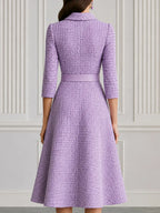 Premium Tweed Collared 3/4 Sleeve A-Line Midi Dress