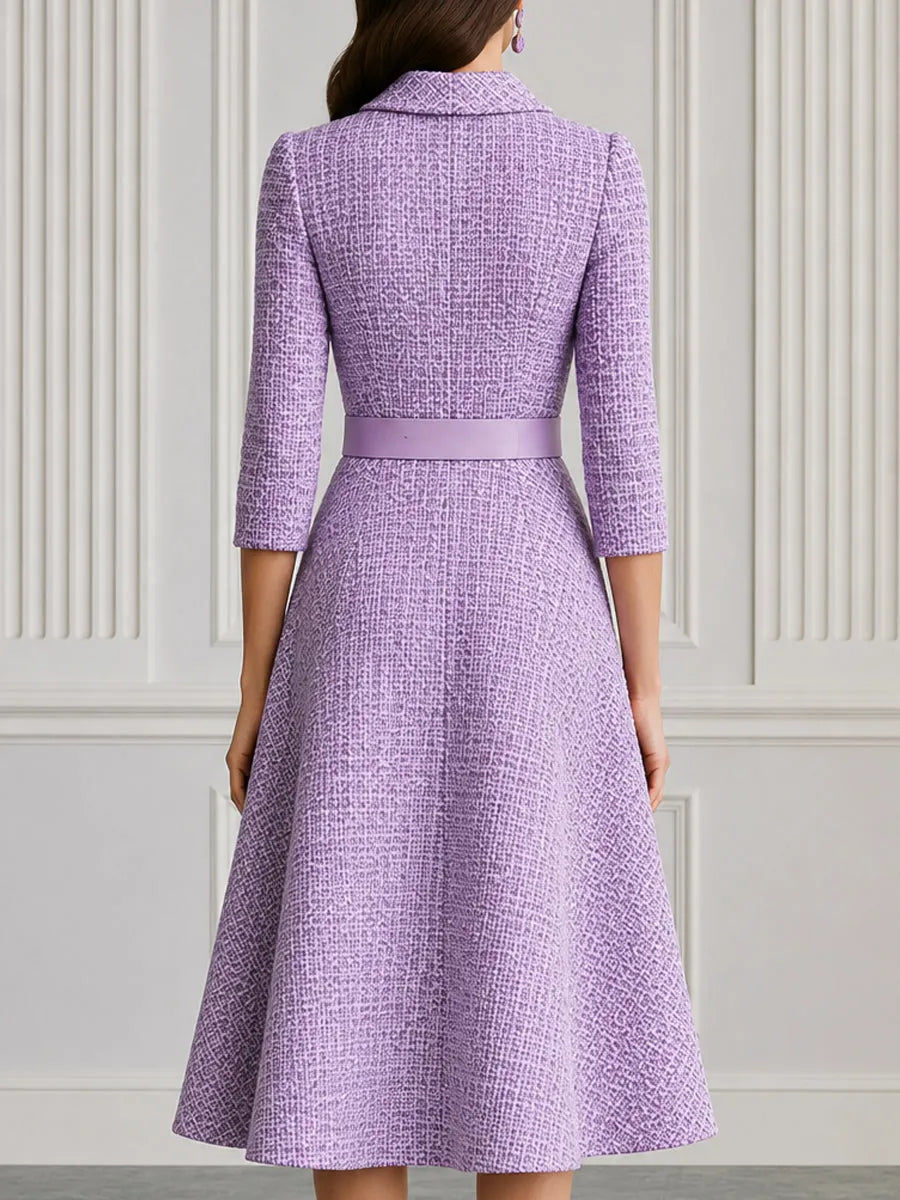 Premium Tweed Collared 3/4 Sleeve A-Line Midi Dress