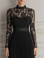 Elegant Floral Lace Pleated Chiffon Maxi Evening Dress