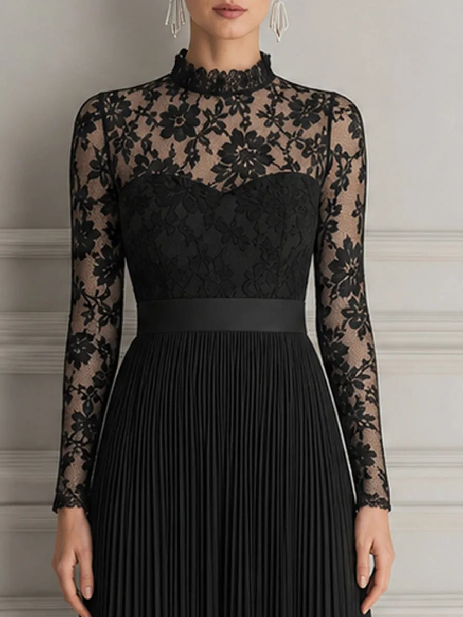 Elegant Floral Lace Pleated Chiffon Maxi Evening Dress