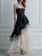 Black-to-Ivory Ombré Illusion Tiered Ruffle Maxi Gown