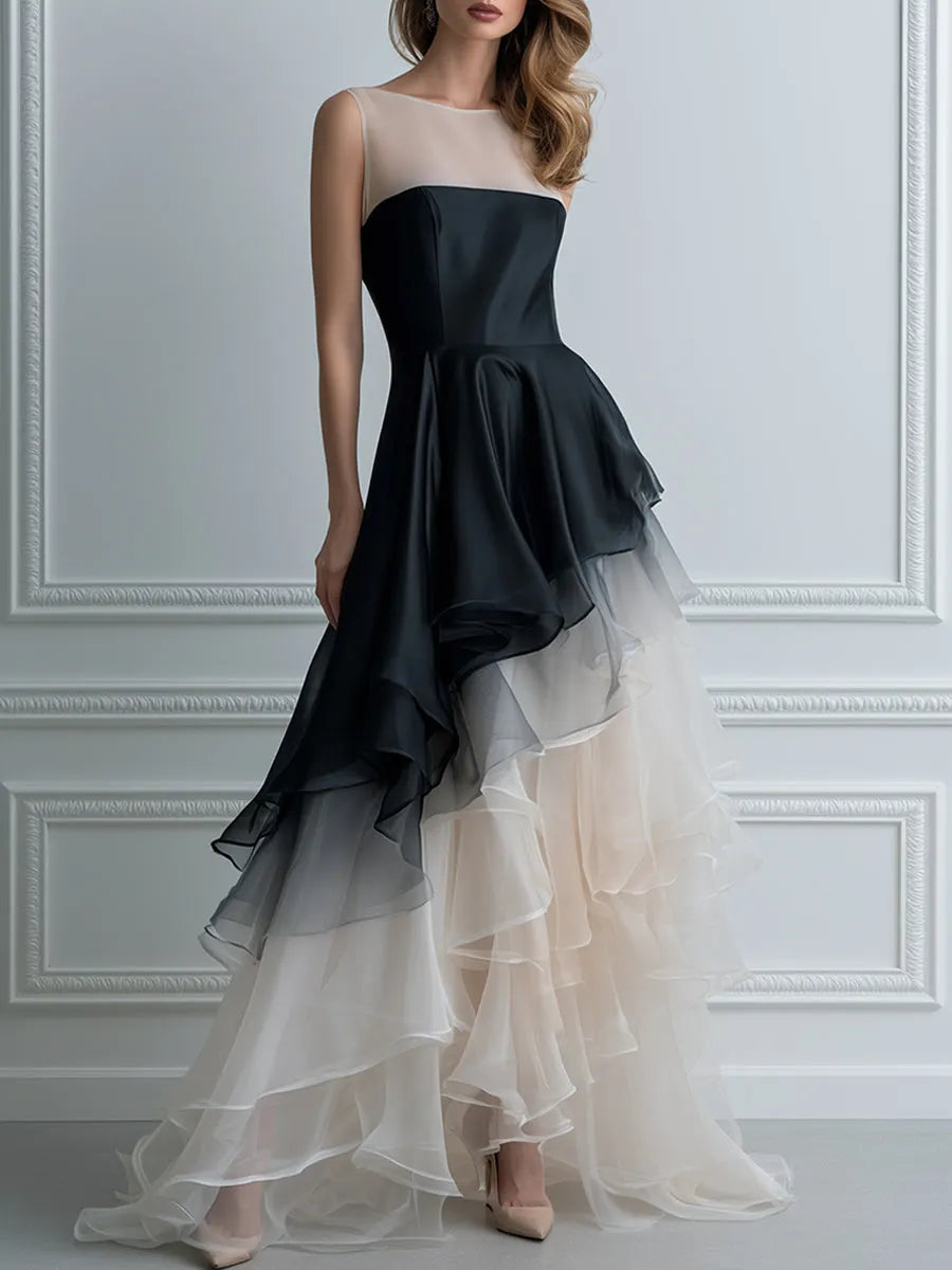 Black-to-Ivory Ombré Illusion Tiered Ruffle Maxi Gown