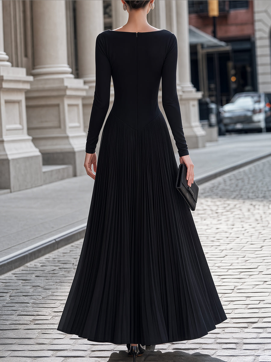 Pleated-Panel Long-Sleeve Structured Maxi Dress