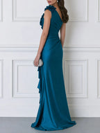 Teal Satin One-Shoulder Floral Applique Draped Evening Gown with Ruffle Slit