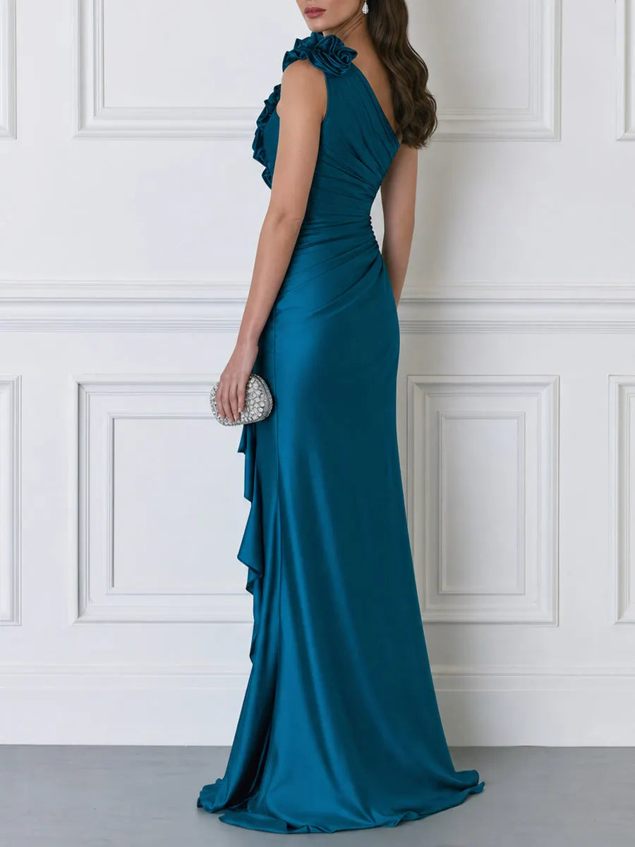 Teal Satin One-Shoulder Floral Applique Draped Evening Gown with Ruffle Slit