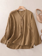 Solid Color V-Neck Long Sleeved Loose Shirt