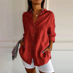 Casual Single Breasted Pleated Lapel Solid Color Cotton Linen Shirt