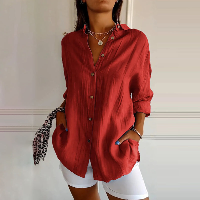 Casual Single Breasted Pleated Lapel Solid Color Cotton Linen Shirt