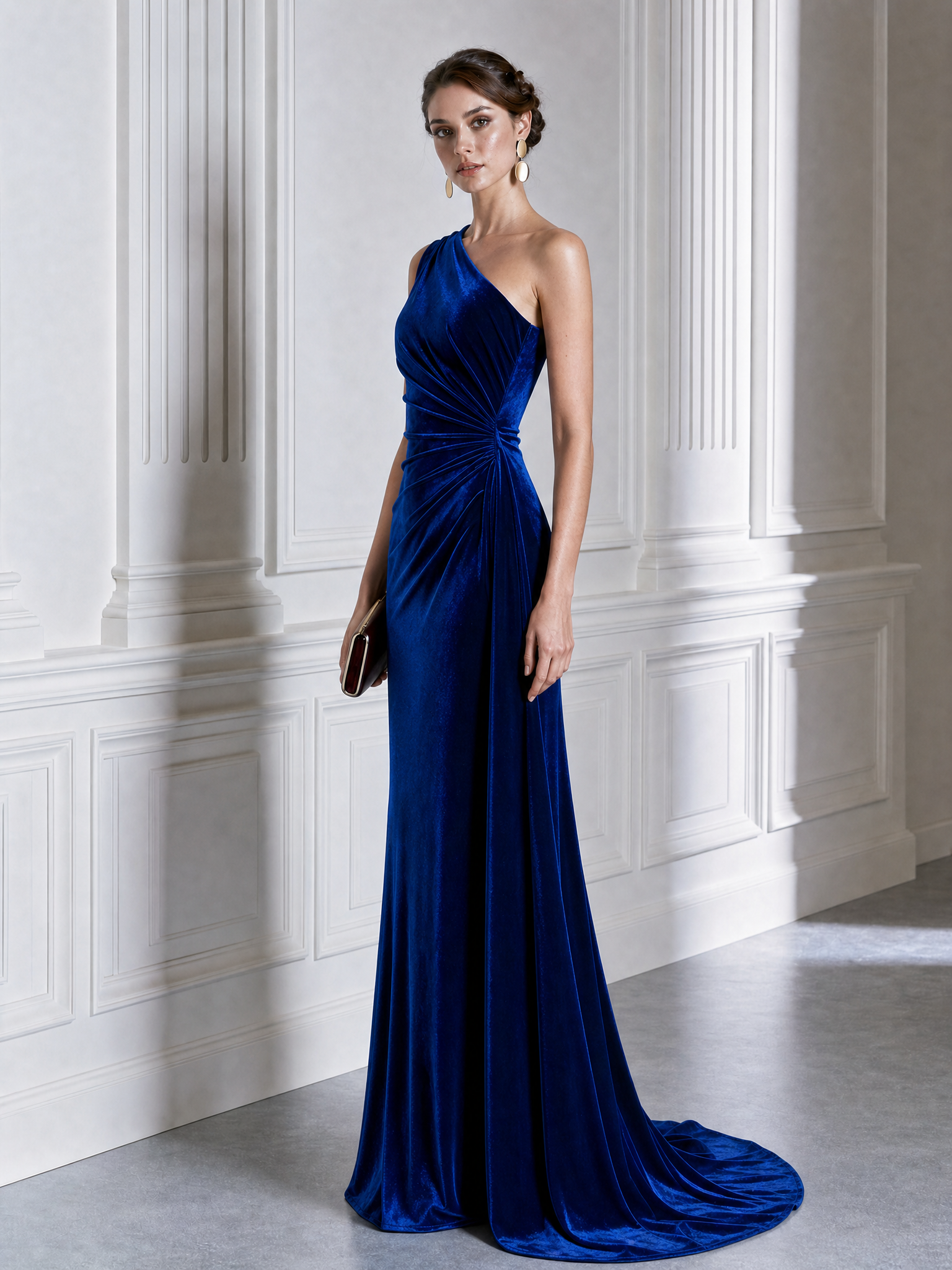 One-Shoulder Velvet Draped Mermaid Evening Gown