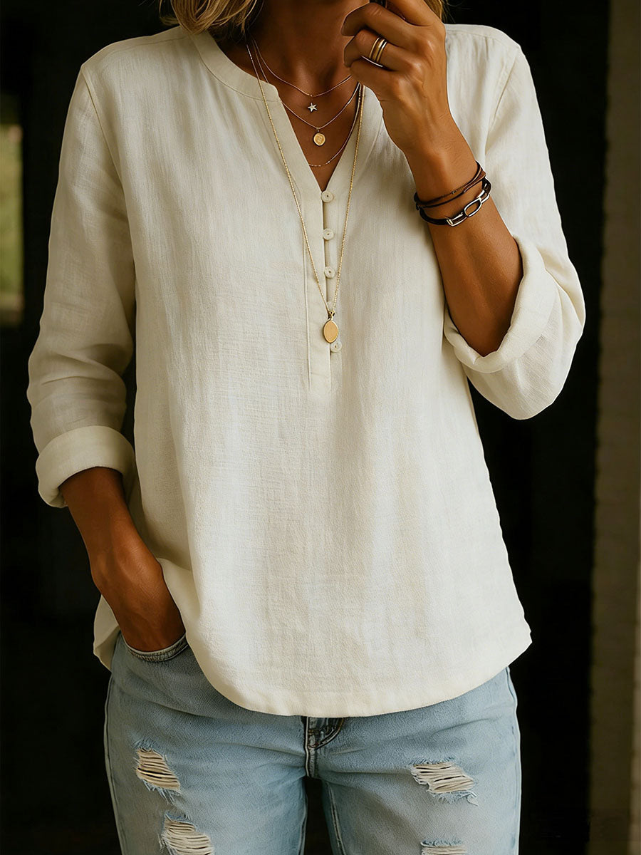 Women's Solid Color V-neck Long-sleeved Casual Loose Cotton And Linen Top