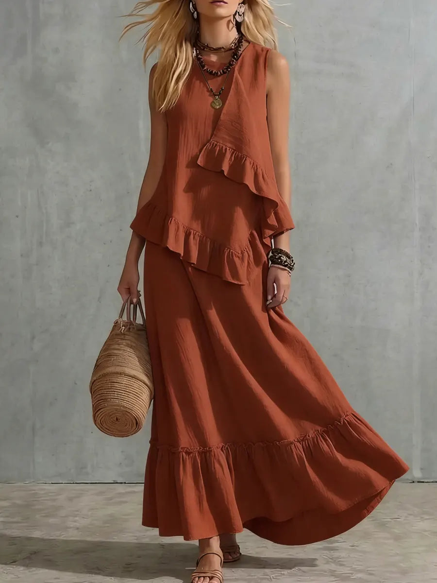 Women's Casual Vacation Style Irregular Lace Cotton And Linen Skirt Set