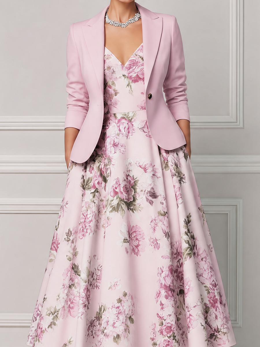 Blush Pink Tailored Blazer & Floral A-Line Midi Dress Set