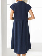 Stand Up Collar Button Down Cotton And Linen Dress With A Pocket