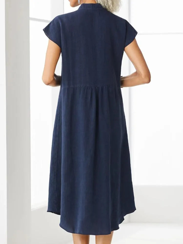 Stand Up Collar Button Down Cotton And Linen Dress With A Pocket