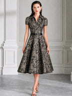 Collared Short Sleeve Paisley Jacquard Midi Dress