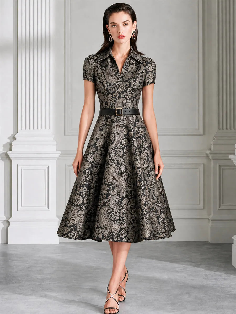 Collared Short Sleeve Paisley Jacquard Midi Dress