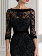 Floral Lace Velvet Trim Boat Neck Midi Bodycon Dress