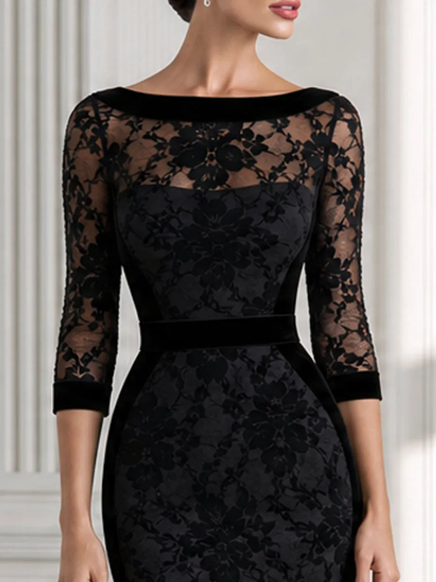 Floral Lace Velvet Trim Boat Neck Midi Bodycon Dress