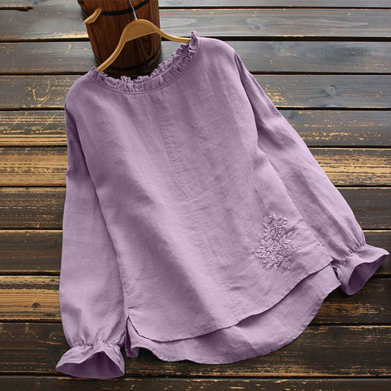 Vintage Flounce Floral Embroidery Cotton Linen Comfy Shirt
