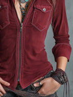 Vintage Zip-up Collar Flap Pocket Distressed Denim Shirt