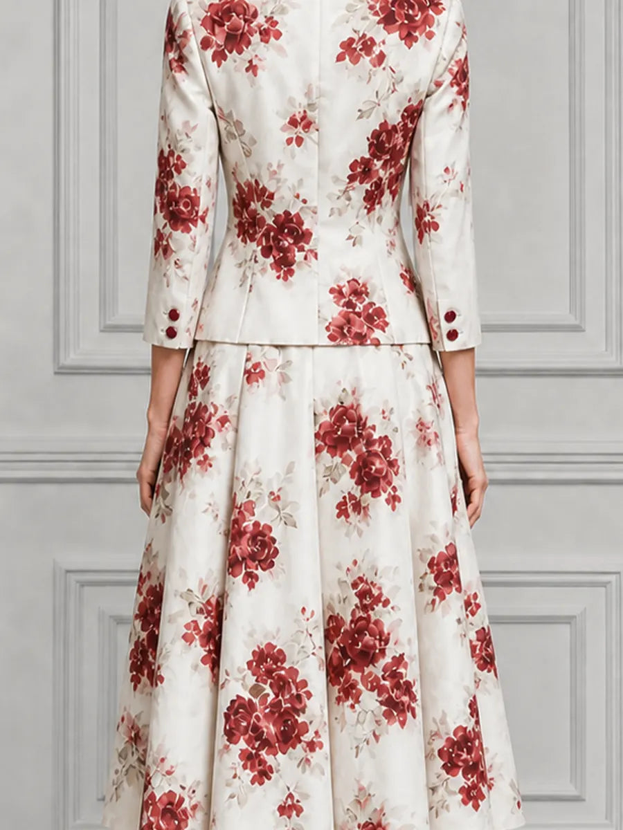 Ivory Watercolor Red Rose Print Tailored Blazer & Pleated A-Line Midi Skirt Two-Piece Suit Set