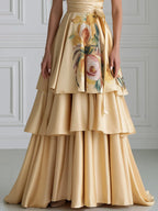 Floral Tiered Halter Satin Evening Gown