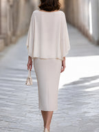 Ivory Lace Panel Draped Cape Blouse With Midi Skirt Set