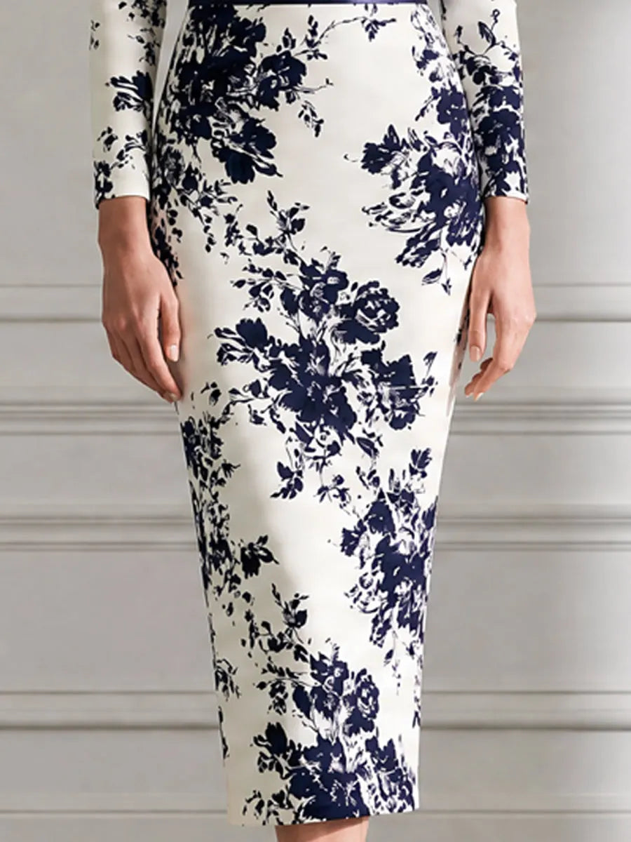 Elegant Navy Floral Printed Satin Sheath Midi Dress