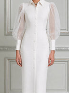 White Dress Sheer Puff Sleeve Button Front Pencil Midi Dress