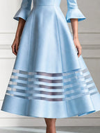 Elegant Puff Sleeves & Sheer Stripe Hem A-Line Midi Dress