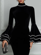 Velvet Mock-Neck Tiered Bell-Sleeve Mermaid Midi Dress