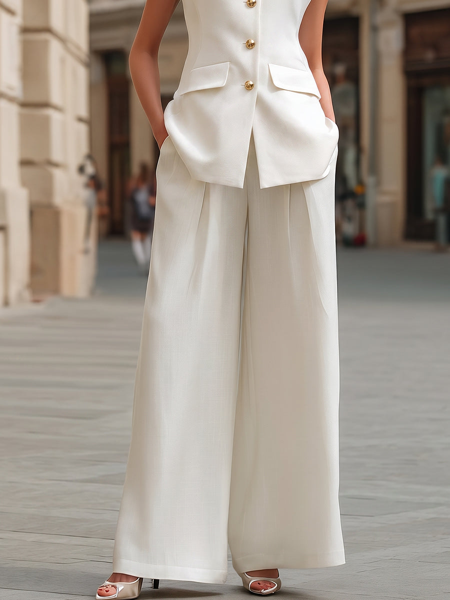 Minimalist Mandarin Collar Tailored Vest And Wide-Leg Trouser Set
