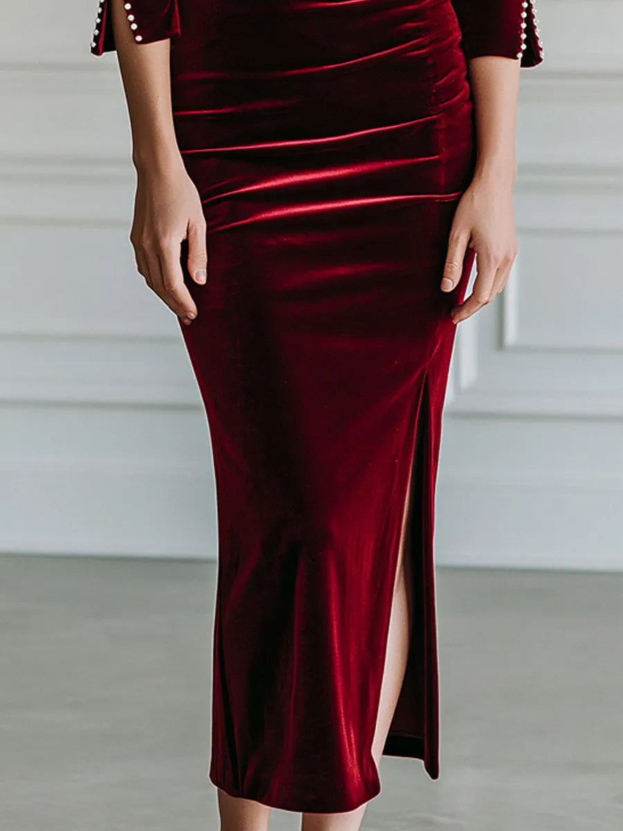 Velvet Boat Neck Pearl Cuff Slit Midi Bodycon Dress