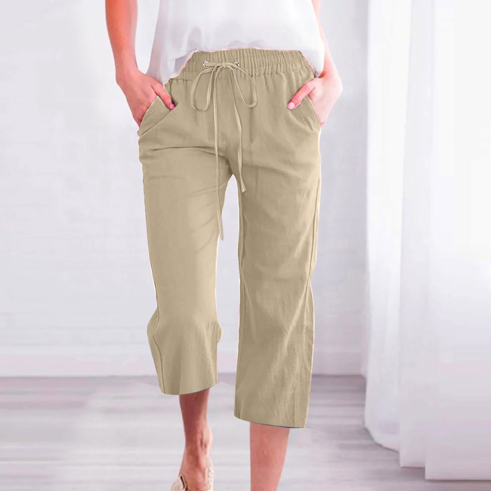 Women's Casual Summer Linen Pants High Waisted Loose Yoga Sweatpants Crop Pants with Pockets