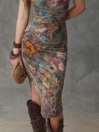Retro Floral & Snake Print V-Neck Wrap Midi Dress