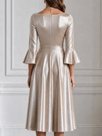 Champagne Velvet Bell-Sleeve A-Line Midi Dress