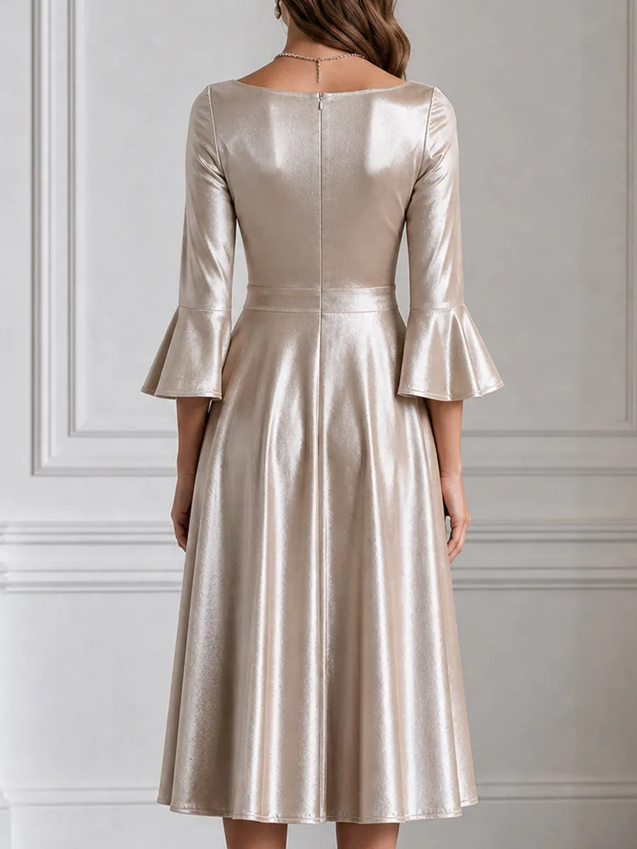 Champagne Velvet Bell-Sleeve A-Line Midi Dress