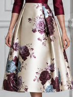 Burgundy Satin Bodice Floral Print A-Line Midi Dress