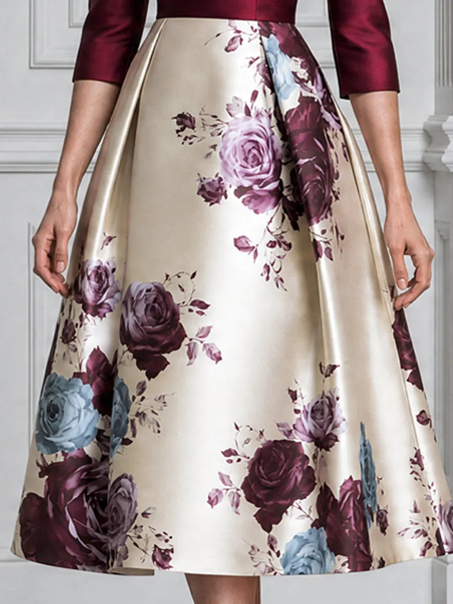 Burgundy Satin Bodice Floral Print A-Line Midi Dress