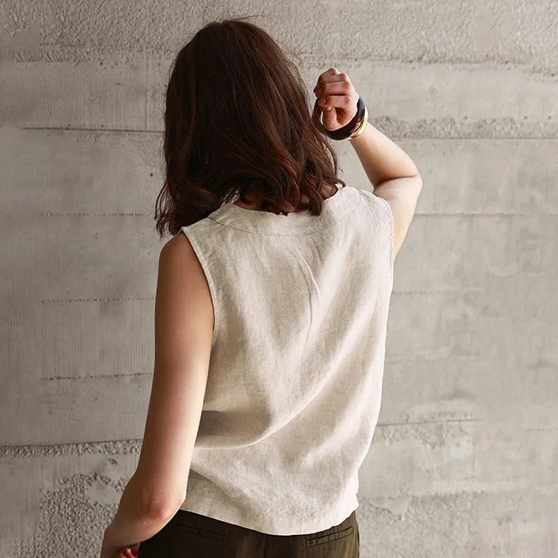 Women's Solid Color Cotton-linen Button-up Vest