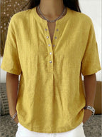 Casual Henley Collar Linen And Cotton Short-sleeve Shirt