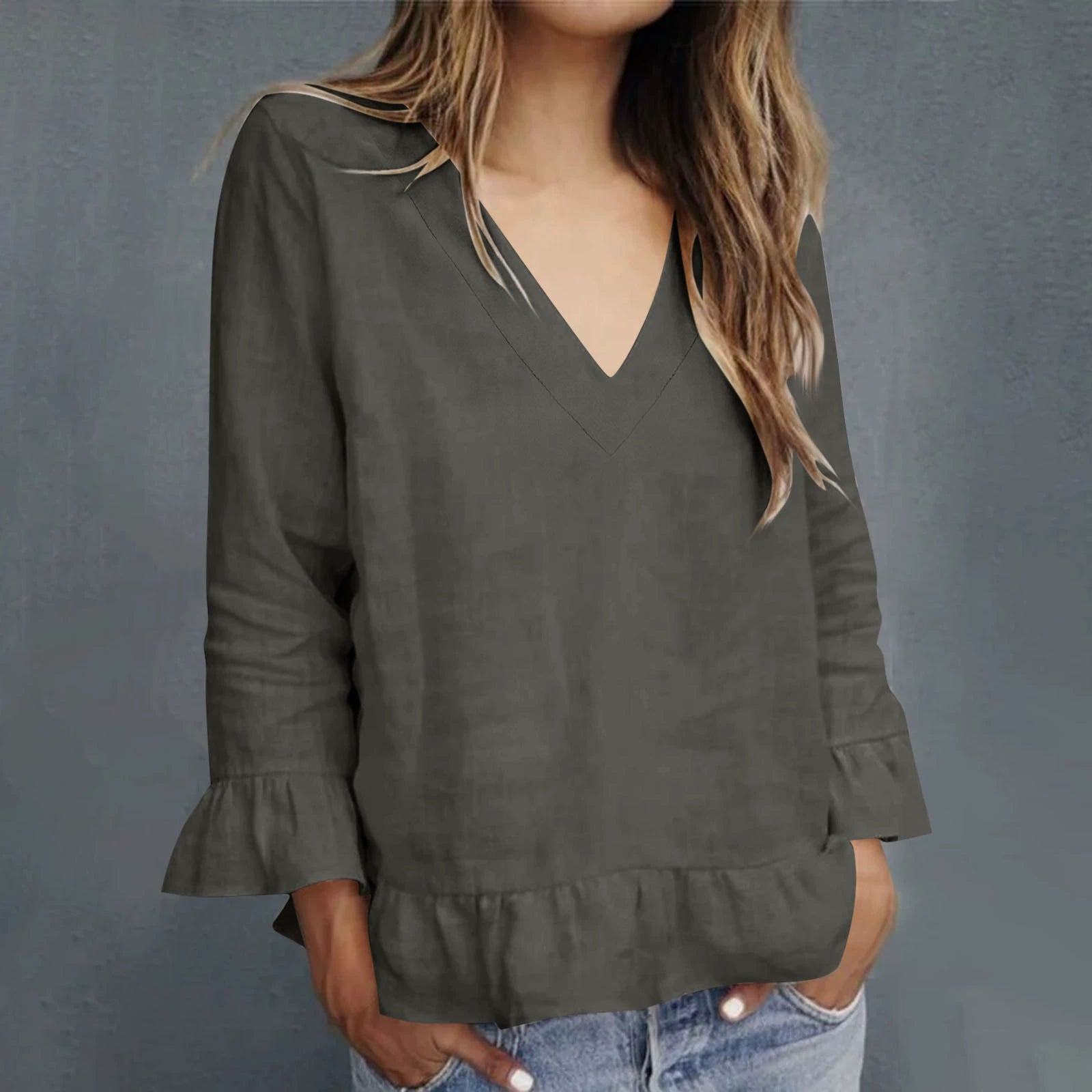 Women's Casual Ruffled V-neck Linen Blend Blouse
