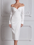 White Dress Off Shoulder Ruched Wrap Pencil Midi Dress