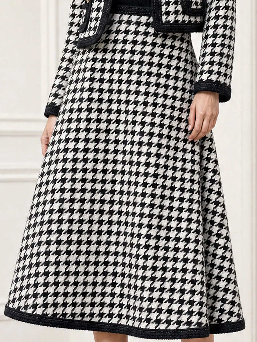 Houndstooth Tweed Crop Jacket & Midi Skirt Two Piece Set