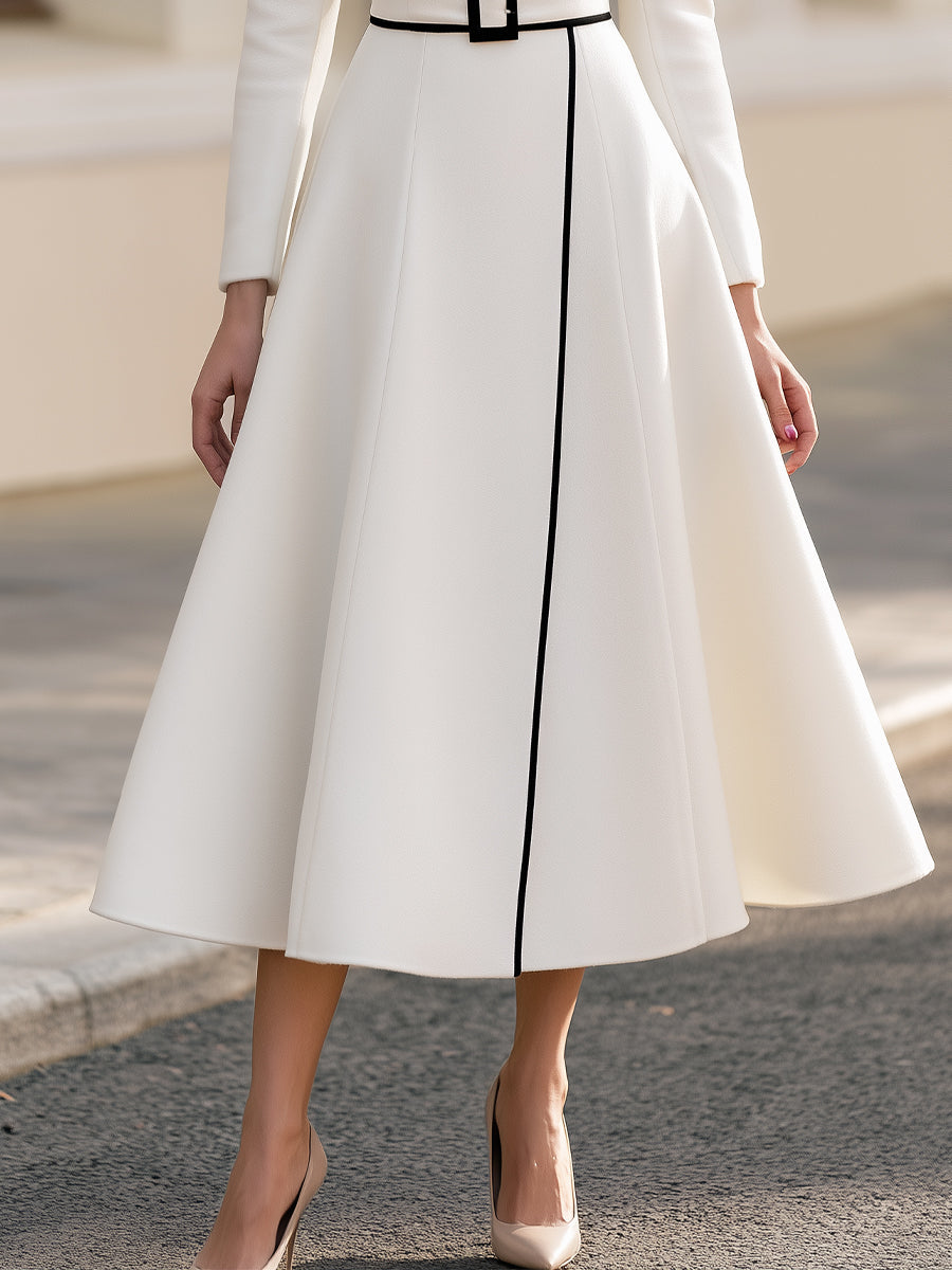 White Black Fit & Flare Midi Formal Coat Dress For Wedding Guest Occasions