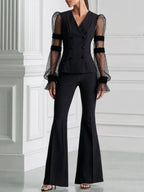 Double-Breasted Sheer Striped Mesh Balloon Sleeve Blazer & Flare Pants Two-Piece Suit Set